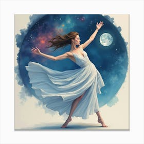 Graceful Dancer With Watercolor Moon And Nebula 1 Canvas Print