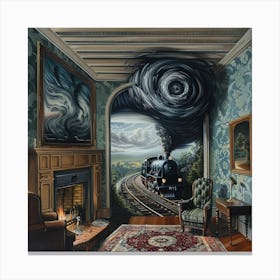 Magritte Style Painting of Surreal Train Canvas Print