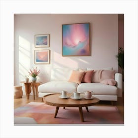 Pink Living Room With White Sofa, Round Coffee Table, Pastel Artwork And Flowers Canvas Print