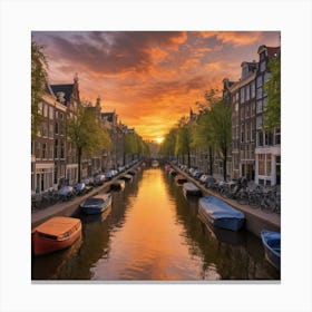 Sunset In Amsterdam Canal Canvas Print