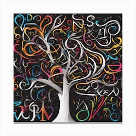 An Image Of A Tree With Letters On A Black Background, In The Style Of Bold Lines, Vivid Colors, Gra (2) Canvas Print