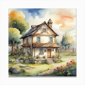 A Little House In The Village Cartoon Watercolor Dra 1 Canvas Print