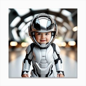 3d Dslr Photography, Model Shot, Baby From The Future Smiling Wearing Futuristic Suit Designed By Apple, Digital Vr Helmet, Sport S Car In Background, Beautiful Detailed Eyes, Professional Award Winning Portrait Canvas Print