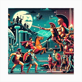 Retro Futurism: A Pixel Art Mosaic of the Labors of Hercules with a Modern Twist Canvas Print