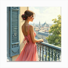 Charming French Woman On A Scenic Balcony, Watercolor With Romantic Tones 1 Canvas Print