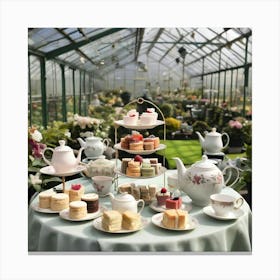 Tea Party In A Greenhouse Canvas Print