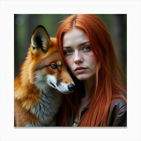 Red Haired Girl With Fox Canvas Print