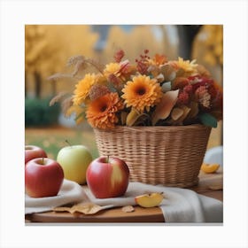 Photo An Autumn Flower Arrangement In A Basket Is On The Table Next To A Hat And Apples 3 Canvas Print