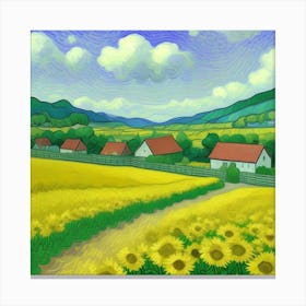 A Farmhouse at Dusk Tranquil and Timeless Sunflower Field Canvas Print