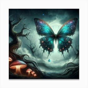 Butterfly And Mushrooms In The Forest Canvas Print