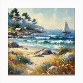 Sailboats On The Beach, Acrylic Painting Style 4 Canvas Print