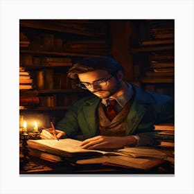 Man Writing In A Library Canvas Print