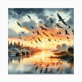 Realistic Textures, A Watercolor Painting Shows A Flock Of Birds Flying Over A River At Sunset Canvas Print