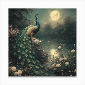 Peacock In The Moonlight 4 Canvas Print