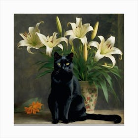 Black Cat With Lilies Canvas Print