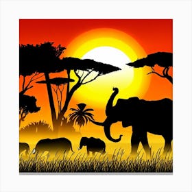 Silhouette Of Elephants At Sunset Canvas Print