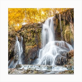 Waterfall With Yellow Trees Square Canvas Print