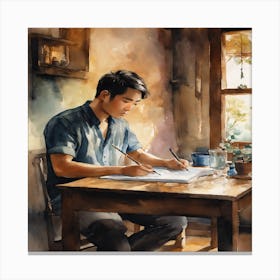 Watercolor Of A Man Writing Canvas Print