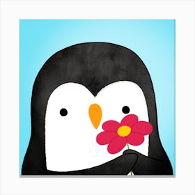 Penguin Offering A Flower Canvas Print