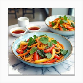 Watercolor Scene Of A Fresh And Vibrant Vegetable Stir Fry On A Chic Restaurant Table Canvas Print