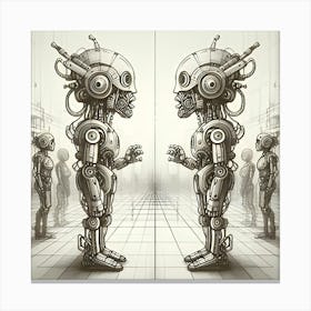 A Sketch Shows Two Robots Talking To Each Other, Featuring A Surreal Look And Narrow Aspect Ratio Canvas Print