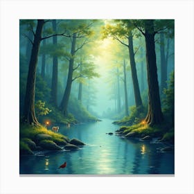 Mystical Watercolor Forest Clearing With Floating Lights 1 Canvas Print