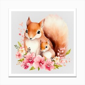 Watercolor Spring Mama and Baby Squirrels Canvas Print