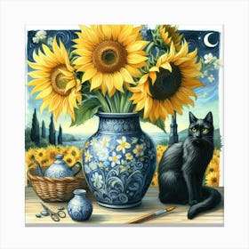 Sunflowers And Cat watercolor pestel painting Vase With Three Sunflowers With A Black Cat, Van Gogh Inspired Art Print.. 2 Canvas Print