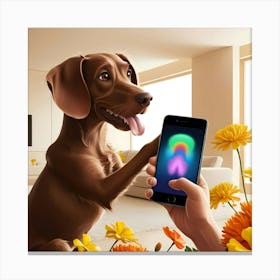 A Curious Brown Dog With Floppy Ears And A Wagging Tail, Its Tongue Lolling Out Of Its Mouth, Holds A Sleek Black Smartphone In Its Paw, Its Eyes Fixed Intently On The Screen 1 Canvas Print