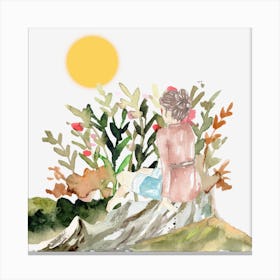 Girl With Flowers And Moon Canvas Print