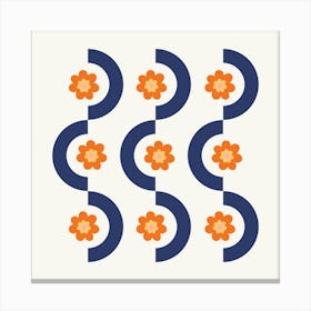 Geometric and Flower Pattern I in Navy Blue and Orange, Nostalgia Garden Shower Abstract 1 Canvas Print