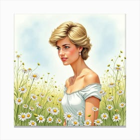 Beautiful Watercolor Scene Of Princess Diana Amidst A Field Of Daisies 1 Canvas Print