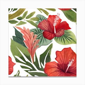 Botanical Wall Art Flowers Red Hibiscus Leaves #2 Canvas Print