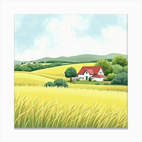 French Countryside In Watercolor With A Charming Farmhouse And Rolling Fields 1 Canvas Print