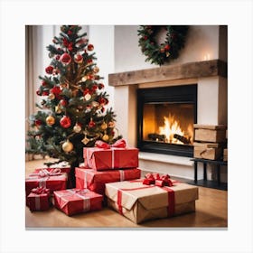 Christmas Presents In Front Of Fireplace 2 Canvas Print