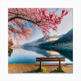 Cherry Blossoms On A Bench Canvas Print