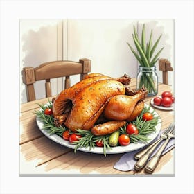 Watercolor Painting Of A Classic And Savory Roast Chicken With Vegetables On A Cozy Dining Table Canvas Print