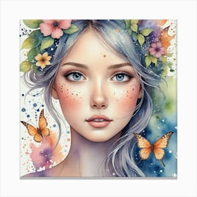 Watercolor Girl With Butterflies Canvas Print