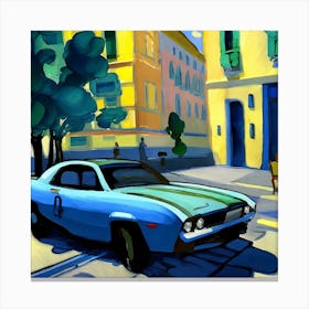 A painting of a modern blue car driving down a street Canvas Print