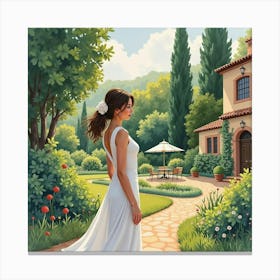 Spanish Woman In A Picturesque Garden, Watercolor With Serene Ambiance 1 Canvas Print