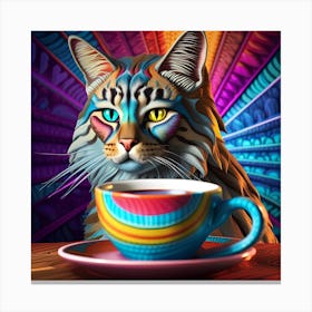 Cat With A Cup Of Coffee Whimsical Psychedelic Bohemian Enlightenment Print Canvas Print