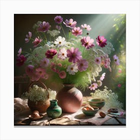 Cosmos Flowers In A Vase on Table Canvas Print