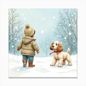 Watercolor Depiction Of A Child And A Cocker Spaniel In A Snowy Landscape Canvas Print