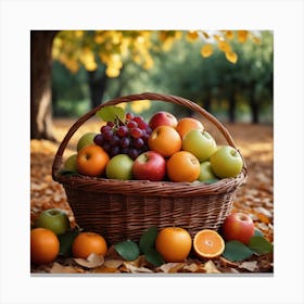 A Wicker Basket Filled With An Abundance Of Ripe Fruits Like Apples, Oranges And Grapes Arranged Neatly On The Ground Surrounded By Leaves 1 Canvas Print