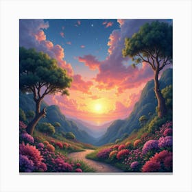 Celestial Watercolor Sunset Over Enchanted Garden 1 Canvas Print