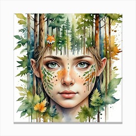 Watercolor Of A Girl In The Forest 2 Canvas Print