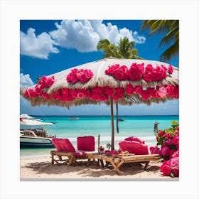 Rose On Umbrella Near Beach Canvas Print