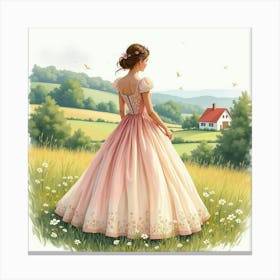 Charming Dress In Watercolor, Set Against A Quaint Countryside 1 Canvas Print