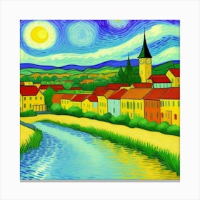 Rustic Horizons: A Village Beyond Time Starry Night Canvas Print