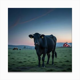 A Black Cow Standing In A Field At Sunrise Canvas Print